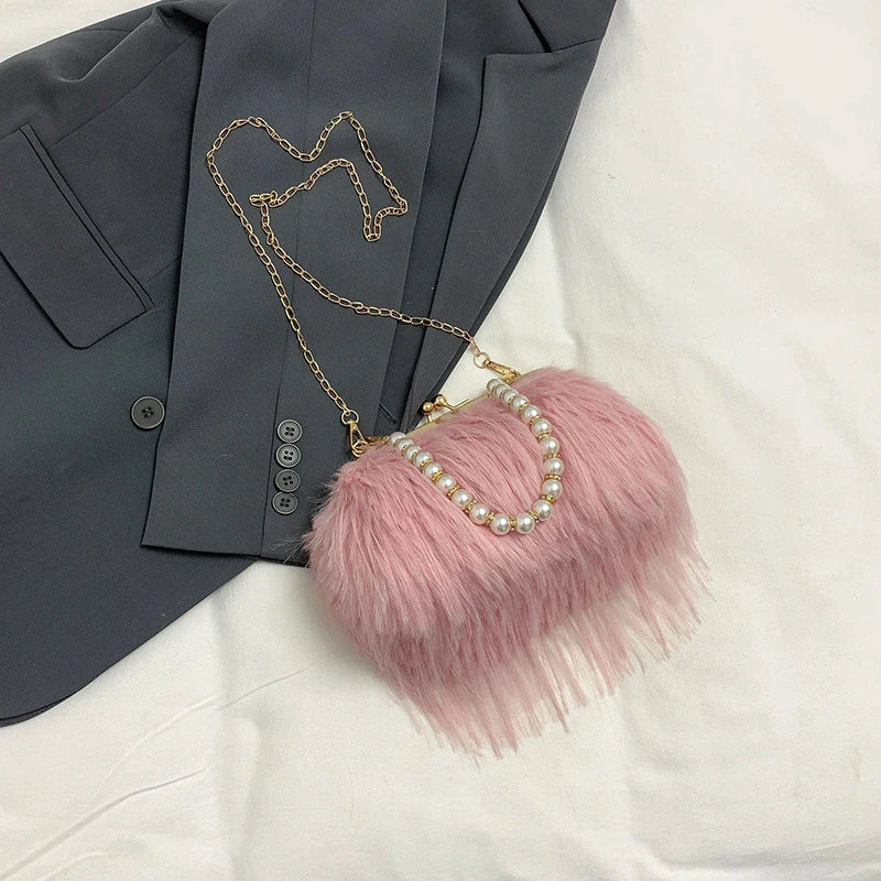 Lilou | Sac Crossbody Fausse Fourrure Poignée Perlée