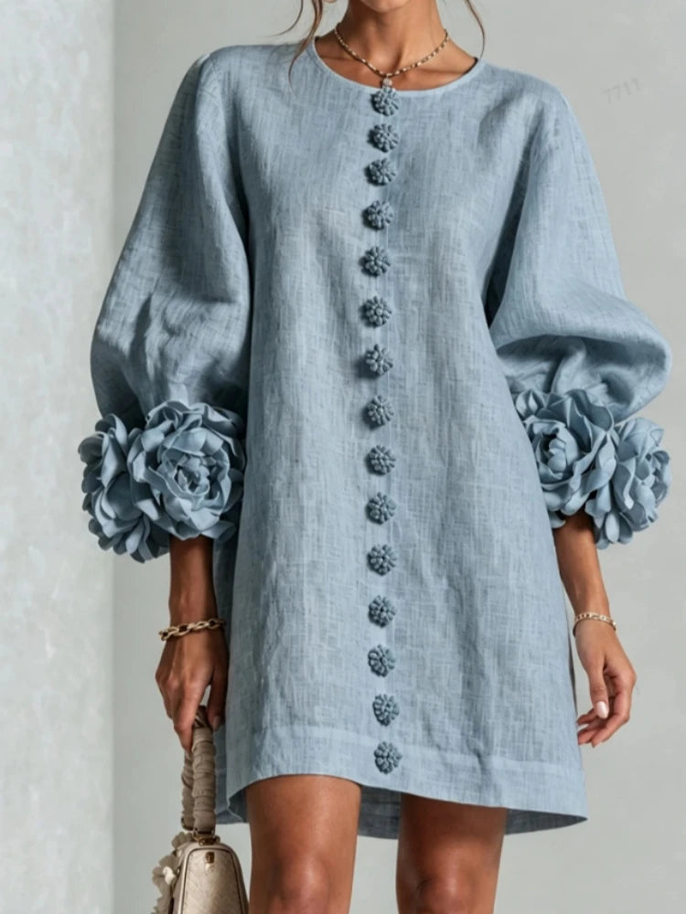 Flavie | Robe Courte à Fleurs 3D Manches Bouffantes