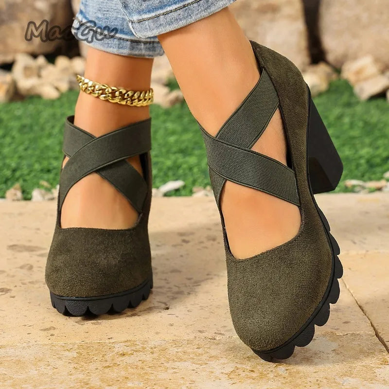 Women Mary Jane Pumps Suede Round Toe Elastic Strap Platform Chunky Block Heels Shoes Non-Slip Vintage Casual Zapatos De Mujer