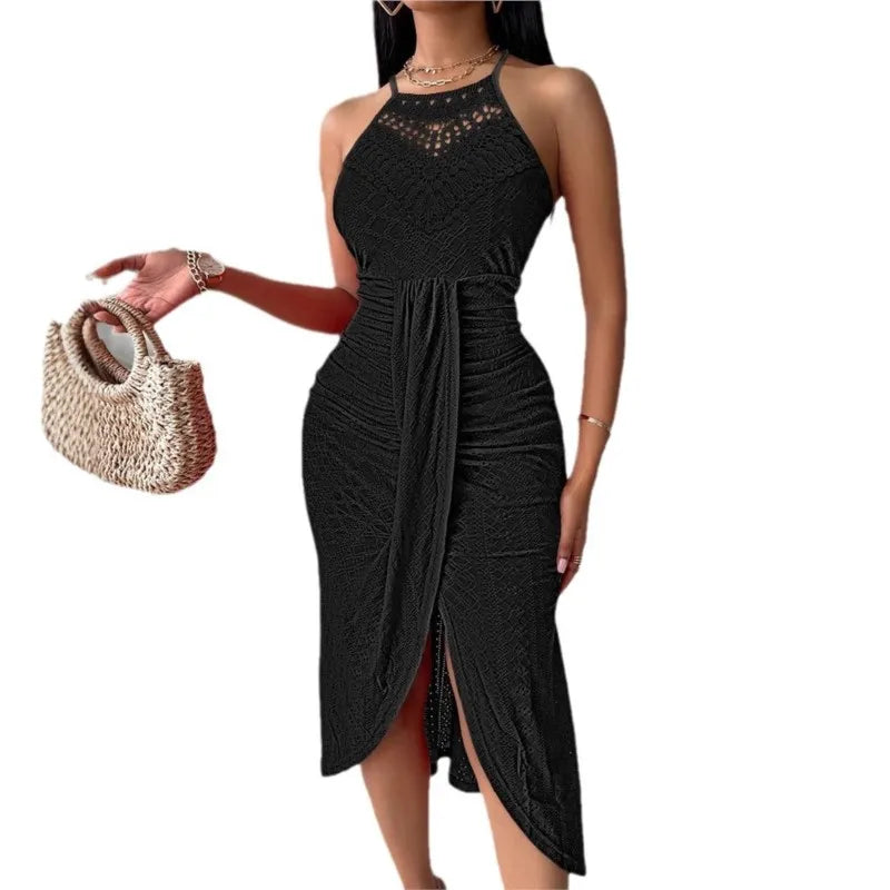 Y2k Women's Fashion Sleeveless Beach Dress Sexy Perspective Hanging Neck Dresses Ladies Solid Irregular Hem Vacation Vestidos