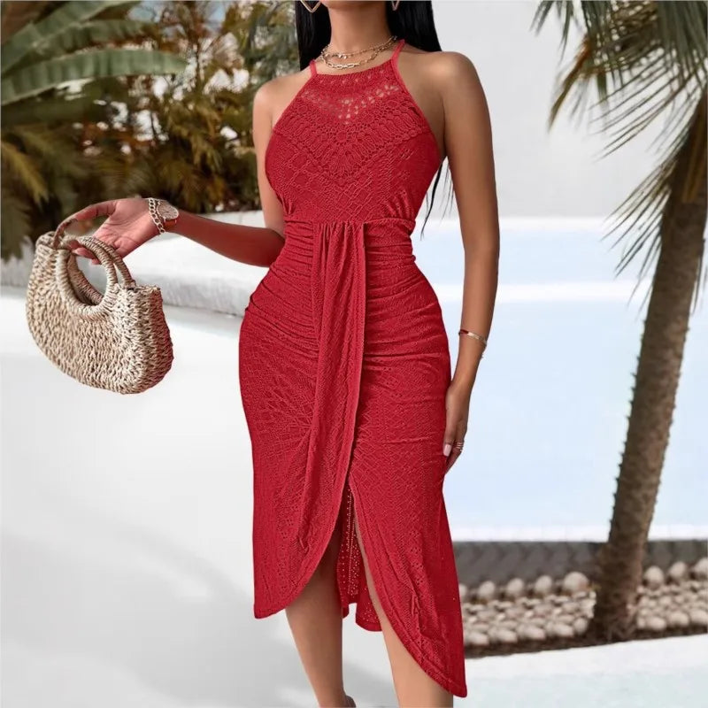 Y2k Women's Fashion Sleeveless Beach Dress Sexy Perspective Hanging Neck Dresses Ladies Solid Irregular Hem Vacation Vestidos