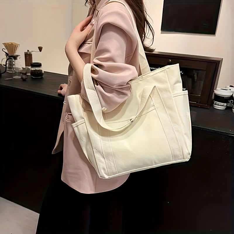 Stylish Large Capacity Canvas Tote Bag, Zipper Closure Durable Shoulder Straps Perfect for Commuting, College and Book Carrying