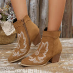 Women Embroidered Pointed‑Toe Western Ankle Boots, Side Zipper Block Heel Suede‑Look Cowboy Short Boots Multi‑Color