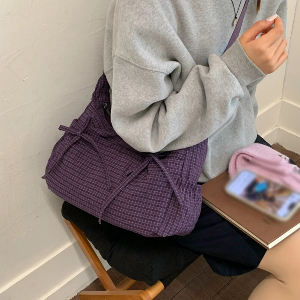 Korean-Style Retro Grid Single Shoulder Bag, Large Capacity, Versatile for School, Work, and Commuting, Unisex Design