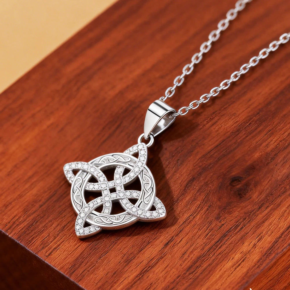 925 Thai Silver Classic Witch Knot Necklace With Zircons Trinity Knot Good Luck CZ Charm Wiccan Symbol Protection Jewelry