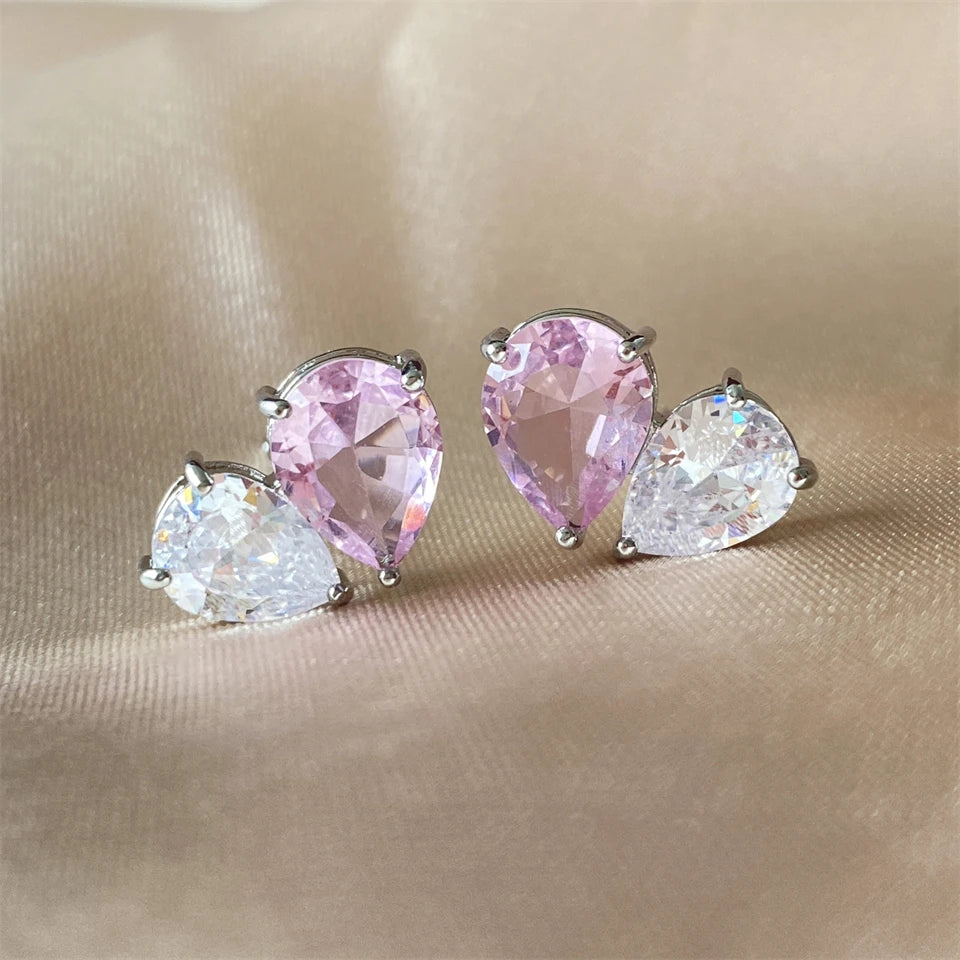 ZAKOL Romantic Pink Zirconia Heart Jewelry Sets for Women Fashion Water Drop Earrings Necklace Set Love Wedding Accessories
