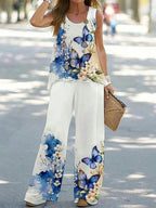 Women Casual 2 Piece Outfit Sleeveless Tank Top + Leaf Print Wide Leg Pants Set Summer Vacation Loungewear