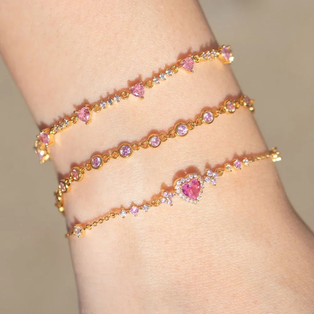 Y2K Exquisite Sweet Pink Zircon Bowknot Love Heart Chain Bracelet For Women Girls Party Birthday Jewelry Gift