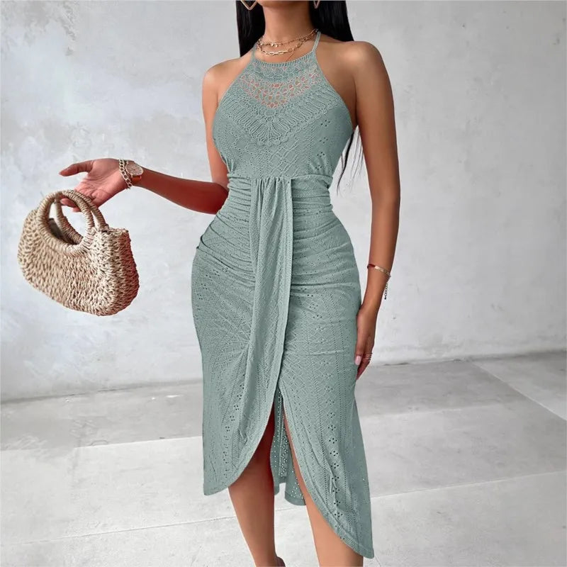 Y2k Women's Fashion Sleeveless Beach Dress Sexy Perspective Hanging Neck Dresses Ladies Solid Irregular Hem Vacation Vestidos