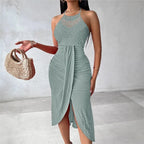 Y2k Women's Fashion Sleeveless Beach Dress Sexy Perspective Hanging Neck Dresses Ladies Solid Irregular Hem Vacation Vestidos