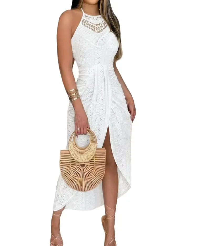 Y2k Women's Fashion Sleeveless Beach Dress Sexy Perspective Hanging Neck Dresses Ladies Solid Irregular Hem Vacation Vestidos