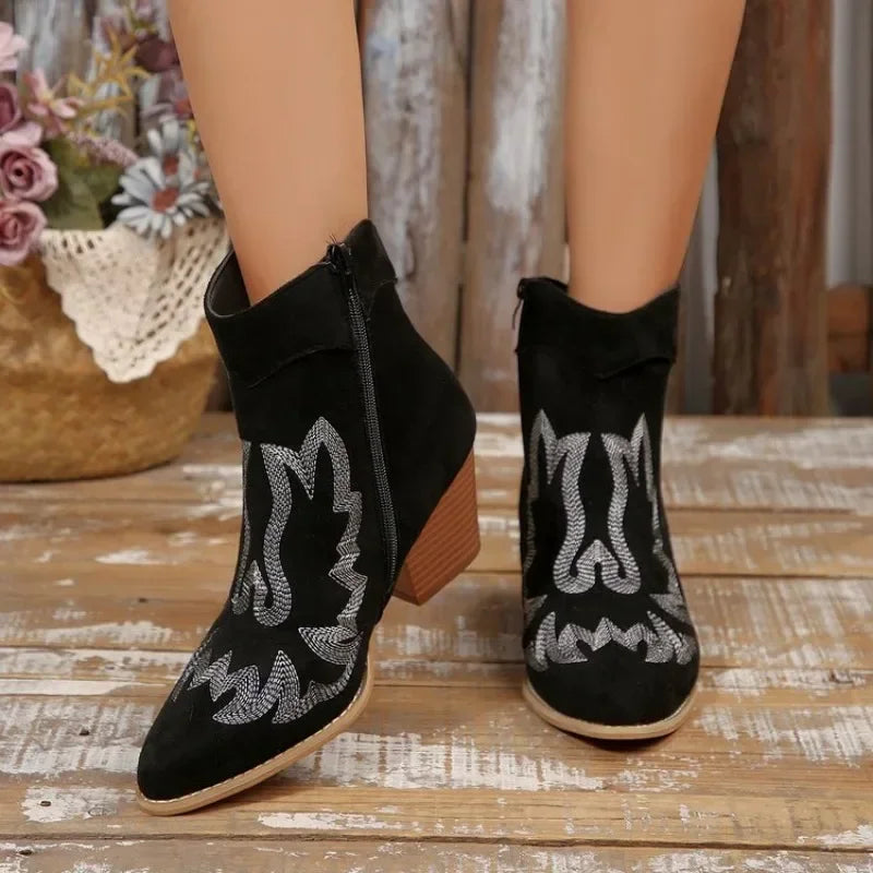 Women Embroidered Pointed‑Toe Western Ankle Boots, Side Zipper Block Heel Suede‑Look Cowboy Short Boots Multi‑Color