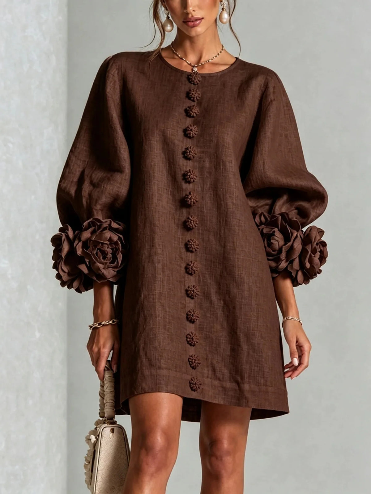 Flavie | Robe Courte à Fleurs 3D Manches Bouffantes