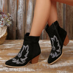Women Embroidered Pointed‑Toe Western Ankle Boots, Side Zipper Block Heel Suede‑Look Cowboy Short Boots Multi‑Color