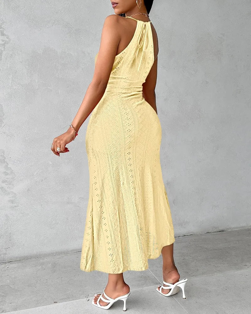 Y2k Women's Fashion Sleeveless Beach Dress Sexy Perspective Hanging Neck Dresses Ladies Solid Irregular Hem Vacation Vestidos