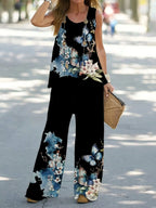 Women Casual 2 Piece Outfit Sleeveless Tank Top + Leaf Print Wide Leg Pants Set Summer Vacation Loungewear