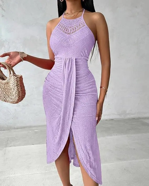 Y2k Women's Fashion Sleeveless Beach Dress Sexy Perspective Hanging Neck Dresses Ladies Solid Irregular Hem Vacation Vestidos