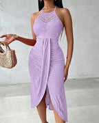 Y2k Women's Fashion Sleeveless Beach Dress Sexy Perspective Hanging Neck Dresses Ladies Solid Irregular Hem Vacation Vestidos