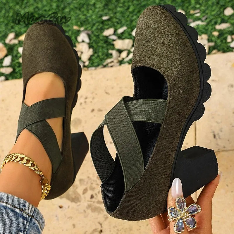 Women Mary Jane Pumps Suede Round Toe Elastic Strap Platform Chunky Block Heels Shoes Non-Slip Vintage Casual Zapatos De Mujer