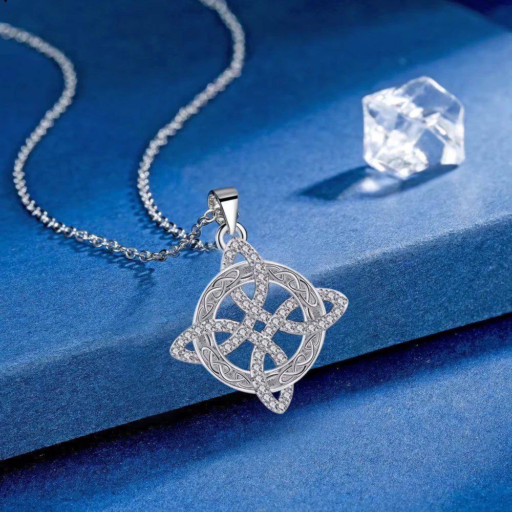 925 Thai Silver Classic Witch Knot Necklace With Zircons Trinity Knot Good Luck CZ Charm Wiccan Symbol Protection Jewelry