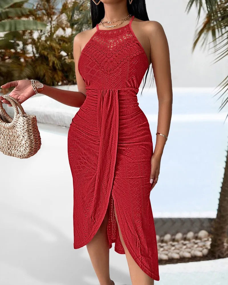Y2k Women's Fashion Sleeveless Beach Dress Sexy Perspective Hanging Neck Dresses Ladies Solid Irregular Hem Vacation Vestidos
