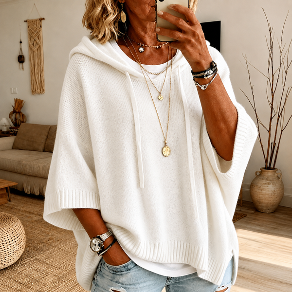 Jeanne | Pull poncho à capuche – Blanc