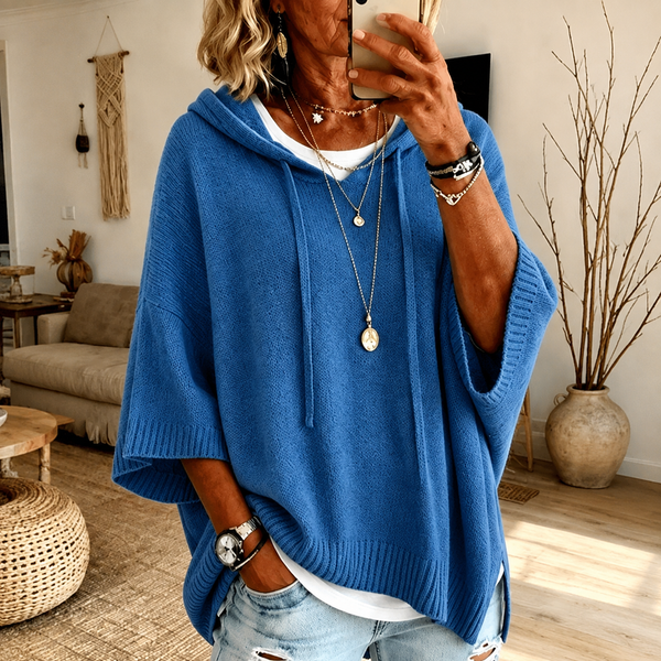 Amélie | Pull poncho à capuche – Bleu