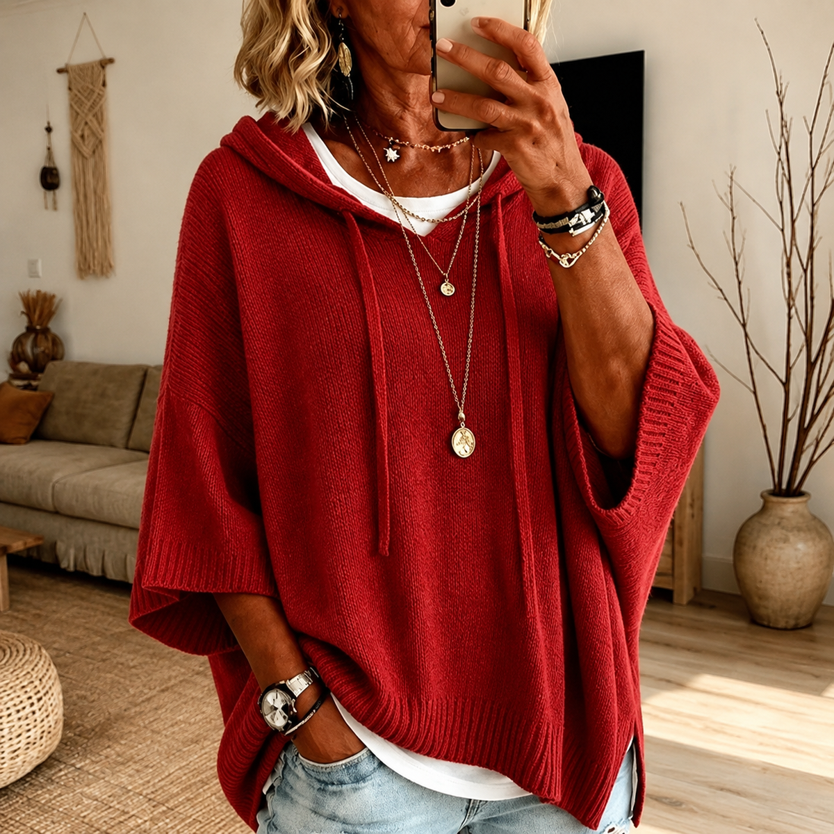 Claire | Pull poncho à capuche – Rouge