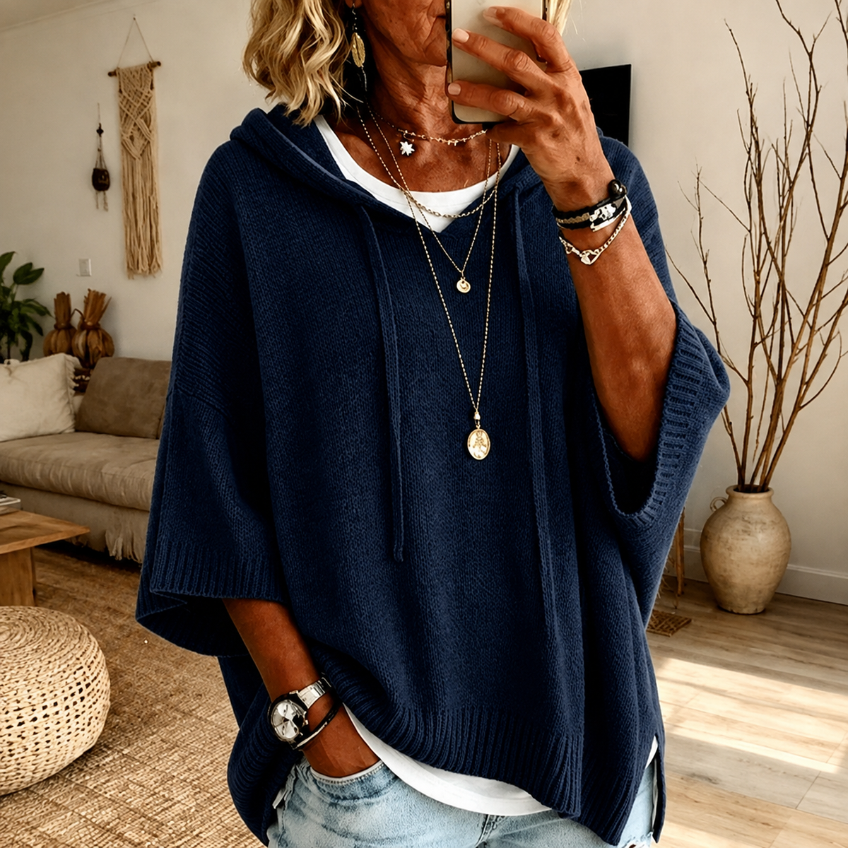 Juliette | Pull poncho à capuche – Bleu marine