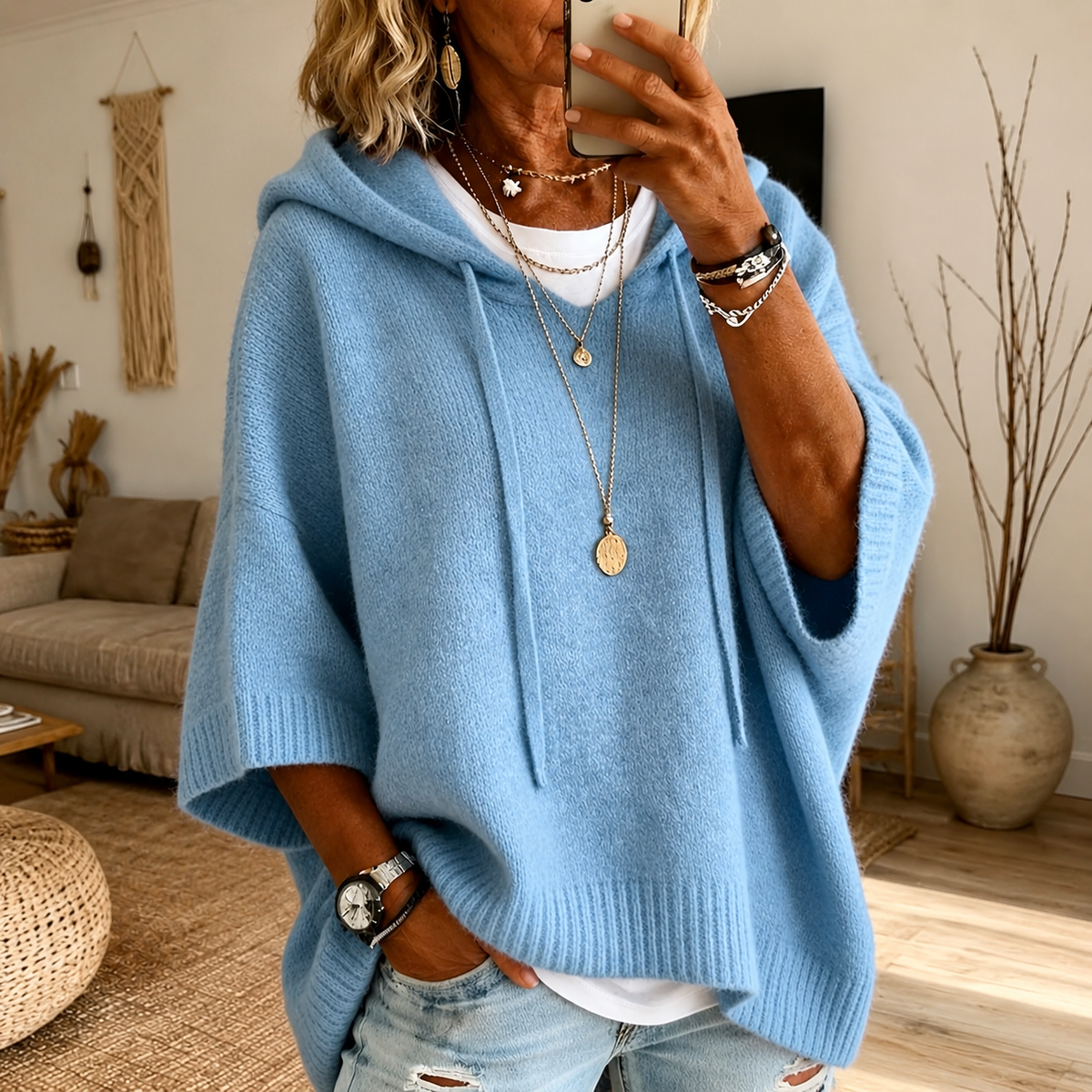 Léa | Pull poncho à capuche – Bleu ciel