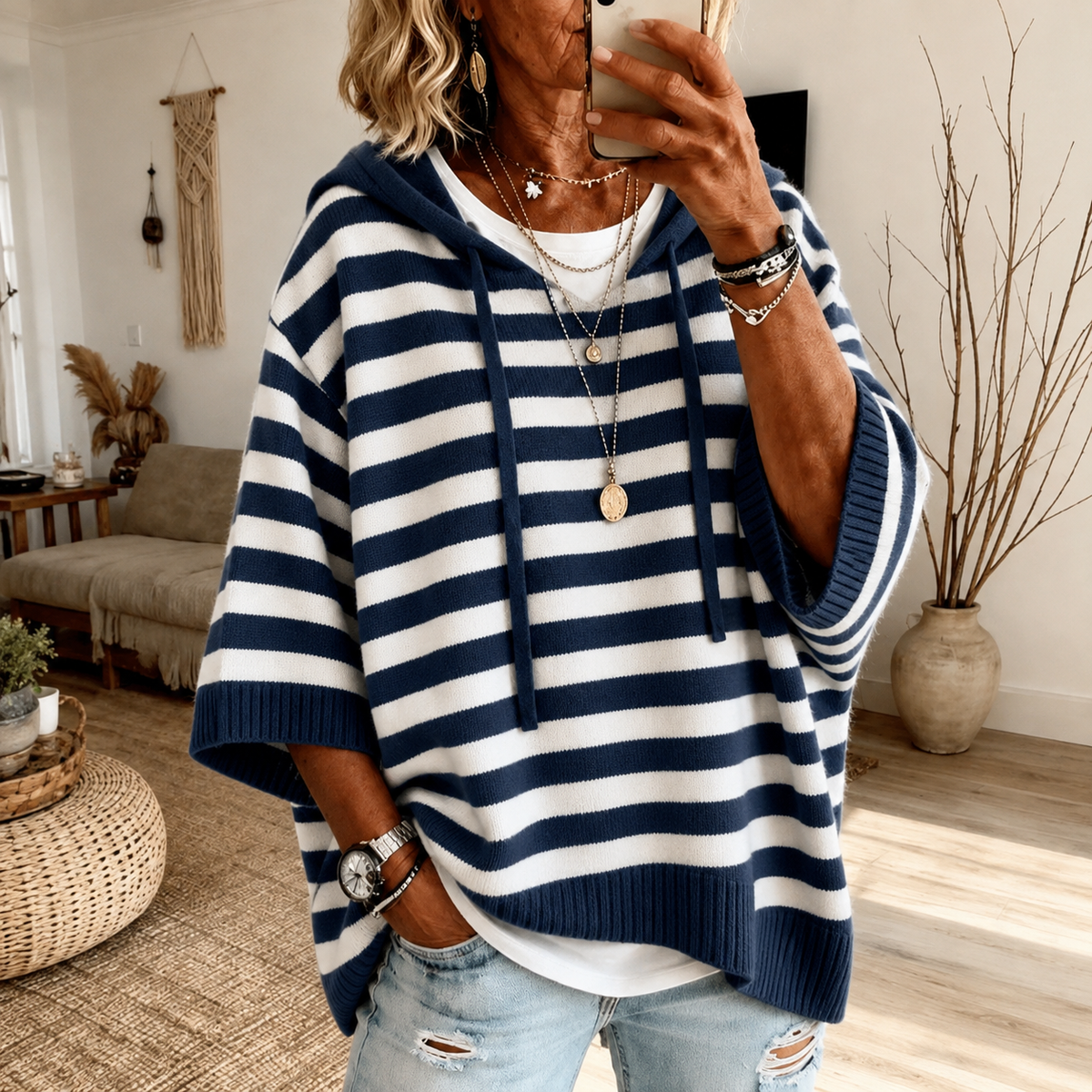 Marine | Pull poncho à capuche rayé – Bleu marine