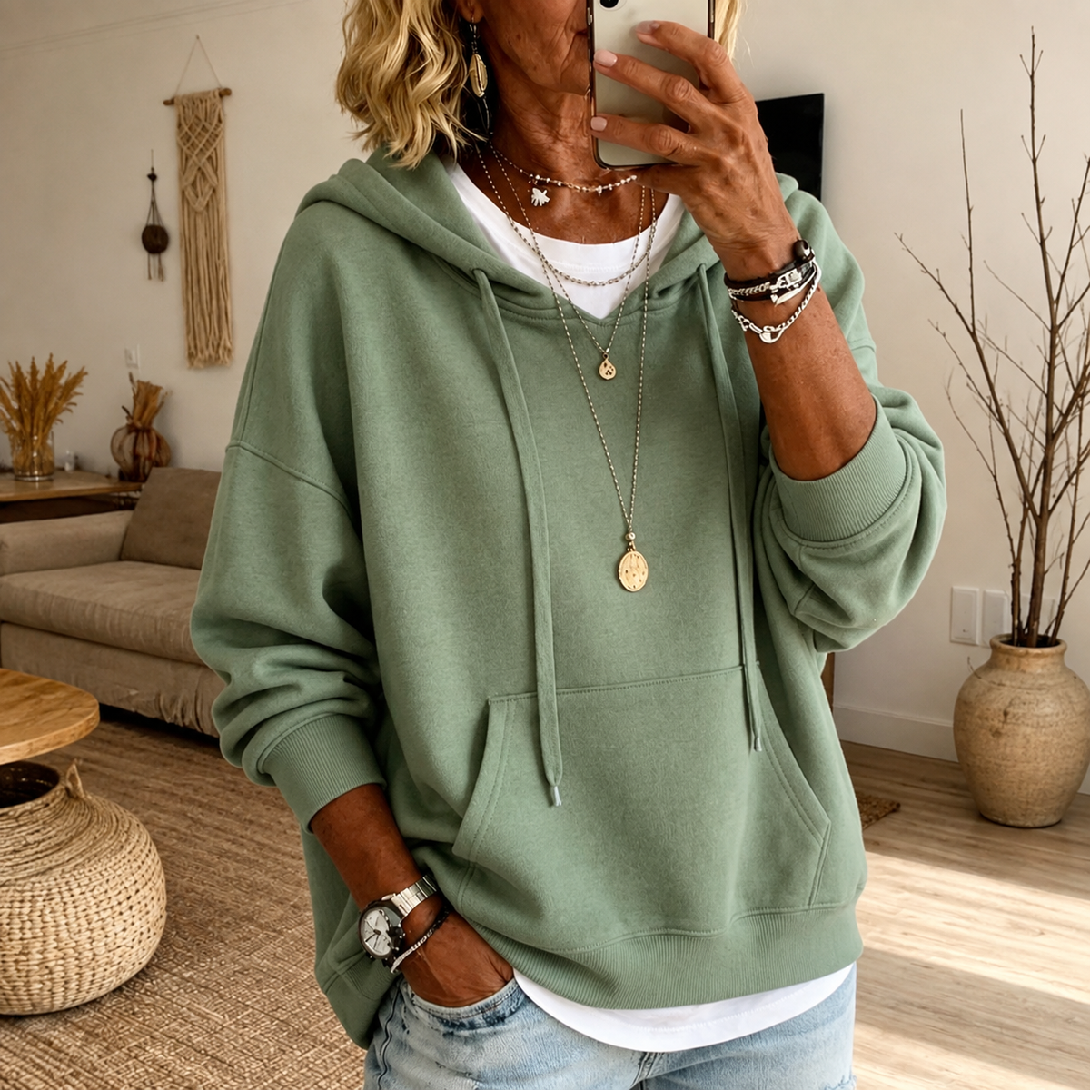 Amandine | Pull ample à capuche – Vert sauge
