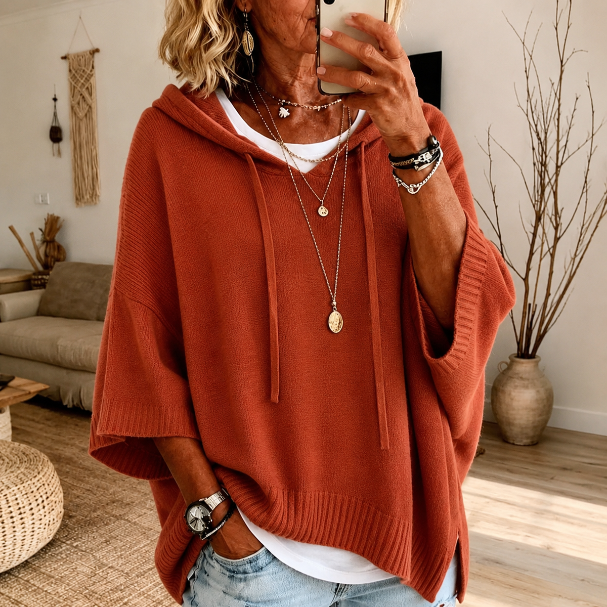 Océane | Pull poncho à capuche – Terracotta