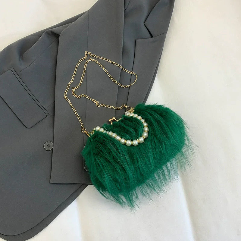 Lilou | Sac Crossbody Fausse Fourrure Poignée Perlée