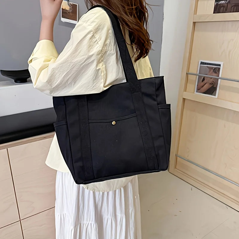 Stylish Large Capacity Canvas Tote Bag, Zipper Closure Durable Shoulder Straps Perfect for Commuting, College and Book Carrying