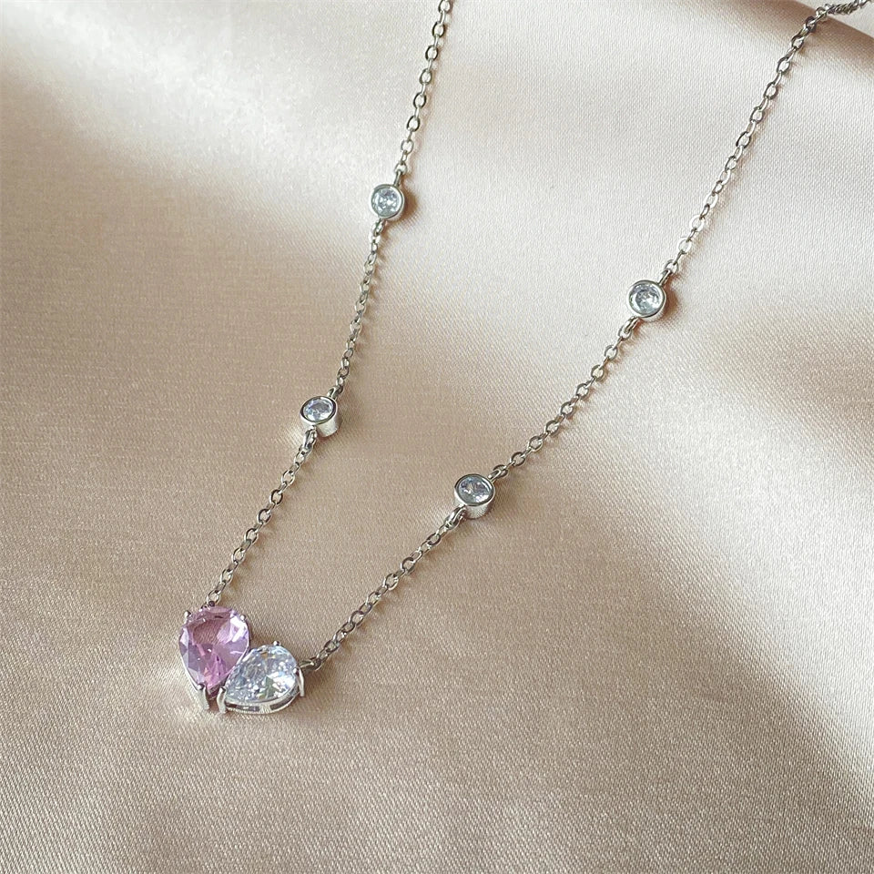 ZAKOL Romantic Pink Zirconia Heart Jewelry Sets for Women Fashion Water Drop Earrings Necklace Set Love Wedding Accessories