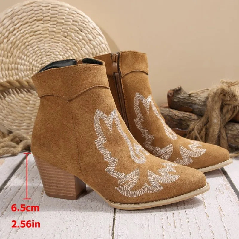 Women Embroidered Pointed‑Toe Western Ankle Boots, Side Zipper Block Heel Suede‑Look Cowboy Short Boots Multi‑Color