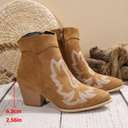 Women Embroidered Pointed‑Toe Western Ankle Boots, Side Zipper Block Heel Suede‑Look Cowboy Short Boots Multi‑Color