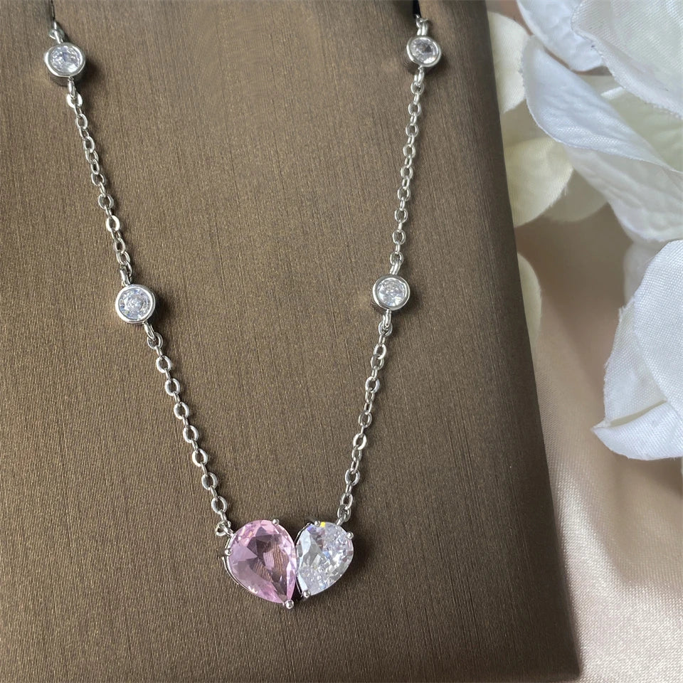 ZAKOL Romantic Pink Zirconia Heart Jewelry Sets for Women Fashion Water Drop Earrings Necklace Set Love Wedding Accessories