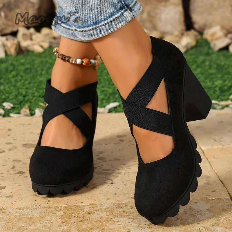 Women Mary Jane Pumps Suede Round Toe Elastic Strap Platform Chunky Block Heels Shoes Non-Slip Vintage Casual Zapatos De Mujer