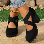 Women Mary Jane Pumps Suede Round Toe Elastic Strap Platform Chunky Block Heels Shoes Non-Slip Vintage Casual Zapatos De Mujer