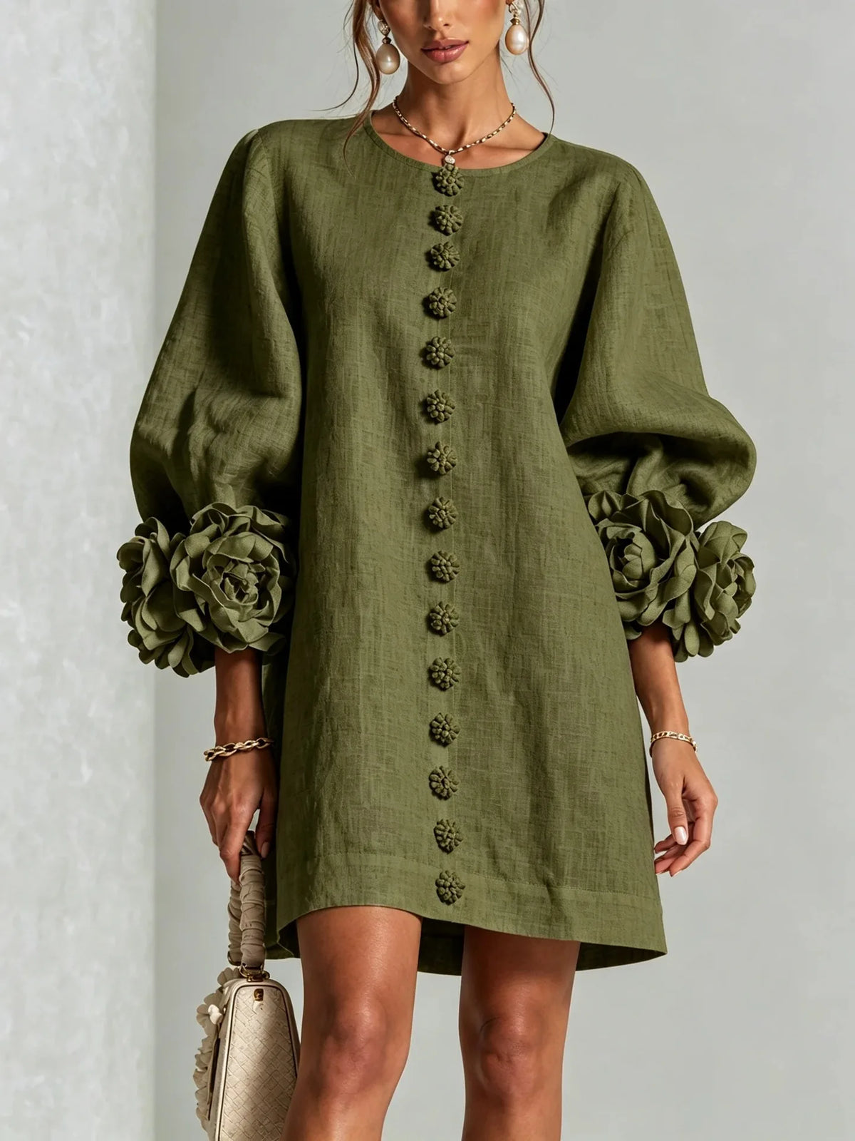Flavie | Robe Courte à Fleurs 3D Manches Bouffantes