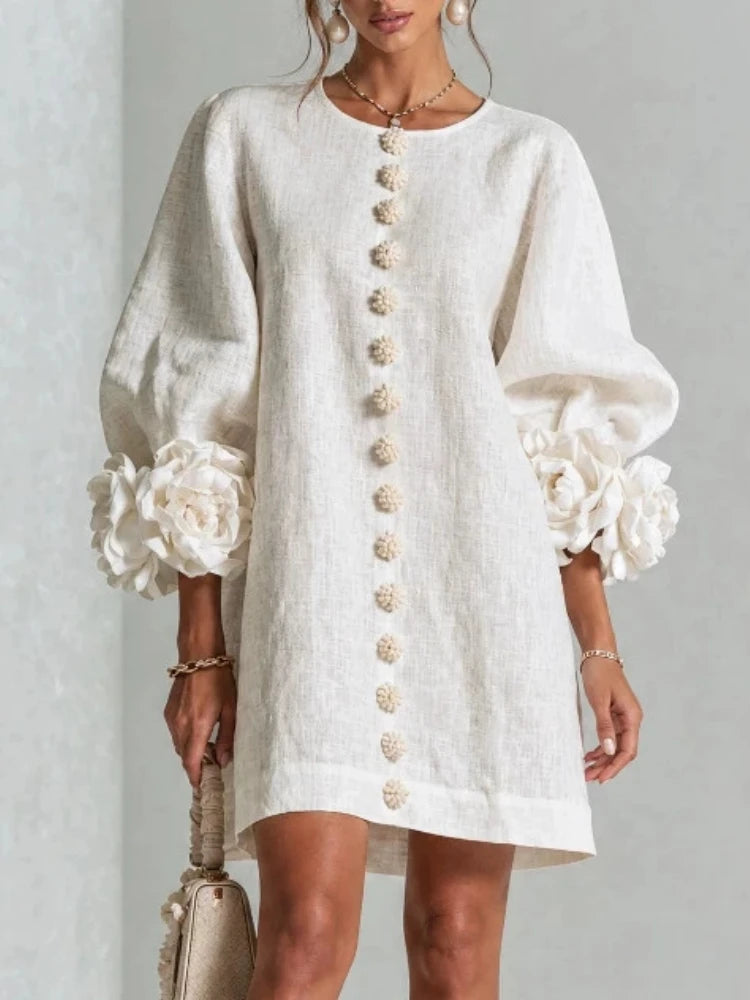 Flavie | Robe Courte à Fleurs 3D Manches Bouffantes