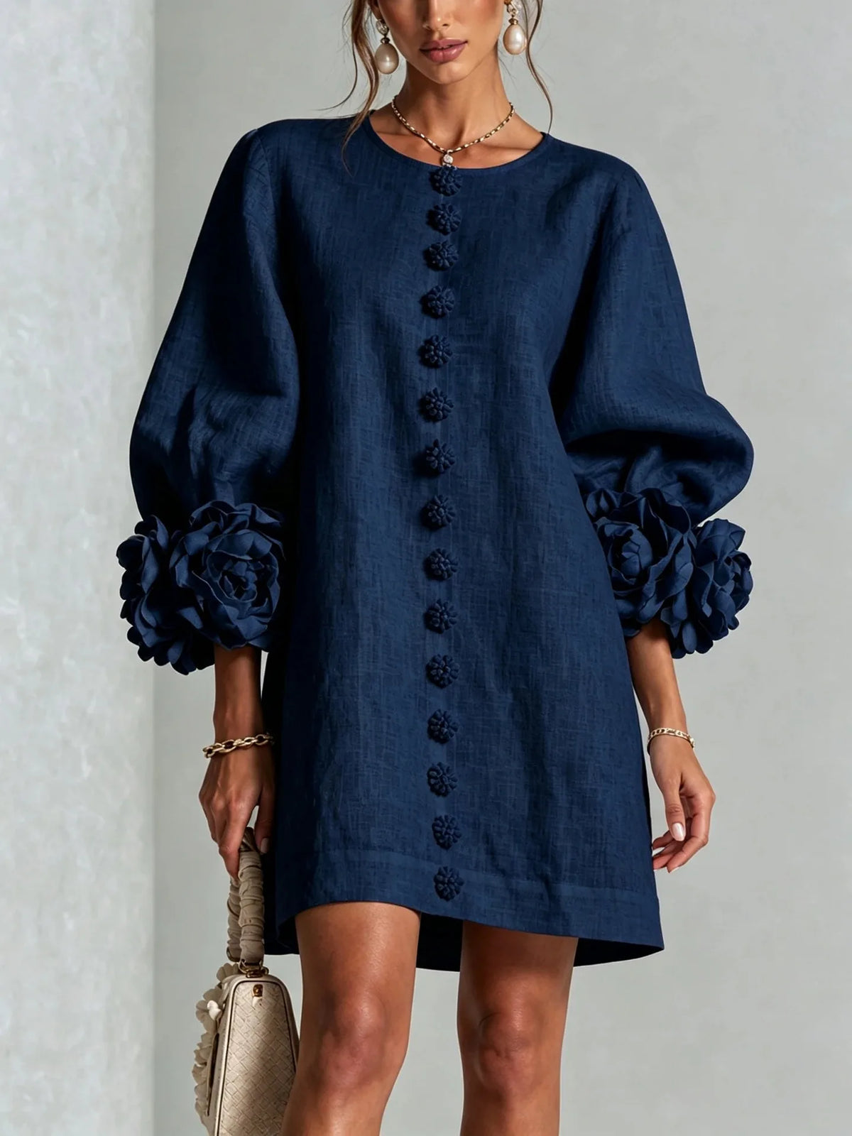 Flavie | Robe Courte à Fleurs 3D Manches Bouffantes