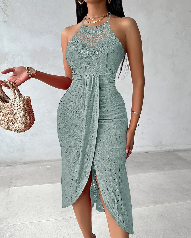 Y2k Women's Fashion Sleeveless Beach Dress Sexy Perspective Hanging Neck Dresses Ladies Solid Irregular Hem Vacation Vestidos