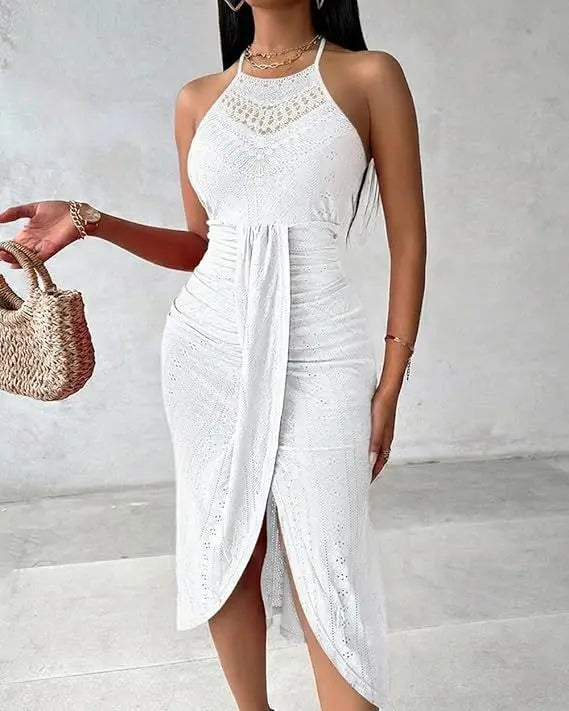 Y2k Women's Fashion Sleeveless Beach Dress Sexy Perspective Hanging Neck Dresses Ladies Solid Irregular Hem Vacation Vestidos