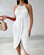 Y2k Women's Fashion Sleeveless Beach Dress Sexy Perspective Hanging Neck Dresses Ladies Solid Irregular Hem Vacation Vestidos