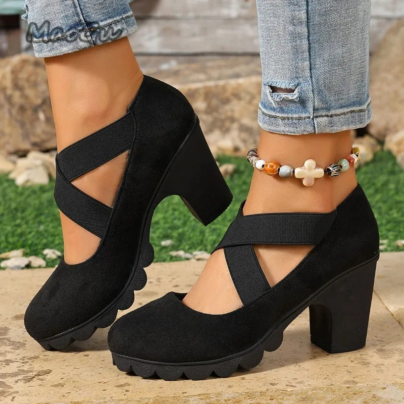 Women Mary Jane Pumps Suede Round Toe Elastic Strap Platform Chunky Block Heels Shoes Non-Slip Vintage Casual Zapatos De Mujer