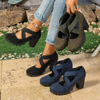 Women Mary Jane Pumps Suede Round Toe Elastic Strap Platform Chunky Block Heels Shoes Non-Slip Vintage Casual Zapatos De Mujer