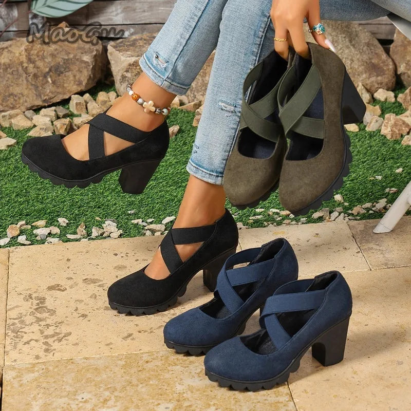 Women Mary Jane Pumps Suede Round Toe Elastic Strap Platform Chunky Block Heels Shoes Non-Slip Vintage Casual Zapatos De Mujer